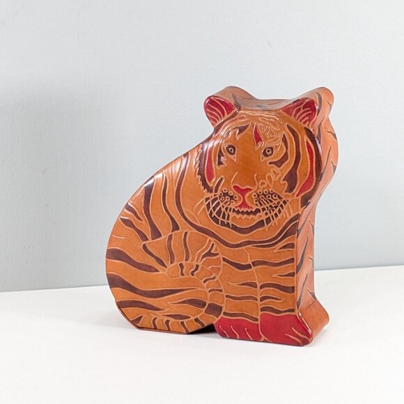 Leather Tiger coin bank, wild animal jungle nursery decor - Picture 2 of 9